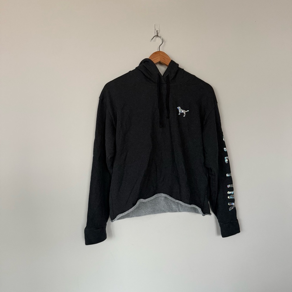 VS Victorias Secret Pink Grey Glittered Chicago Cropped Hoodie Sweatshirt - Picture 4 of 13